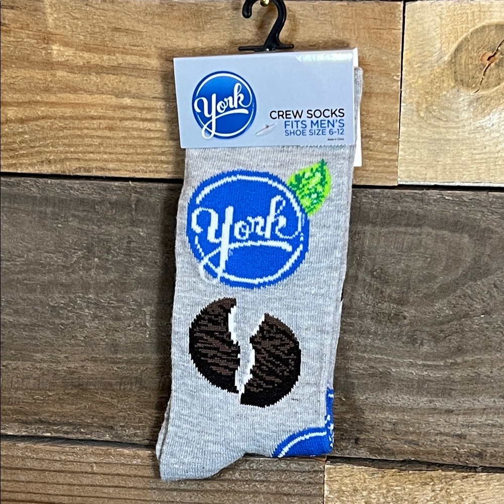 York Peppermint Patty Gray Crew Socks with Cookie Design